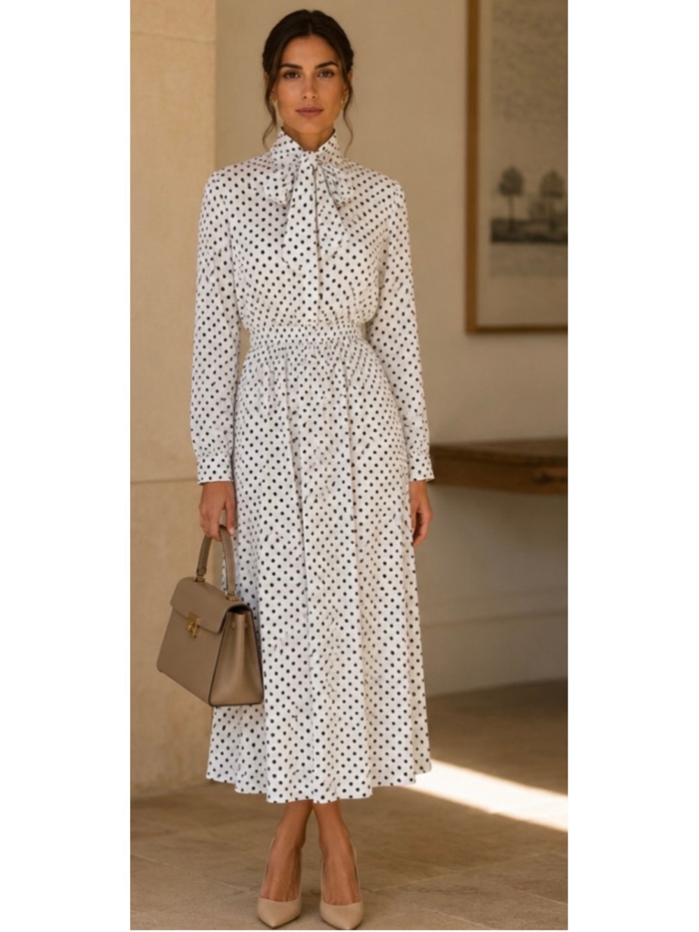 Fabiana Filippi Midi Dress Size 8 White Navy Polka Dot New Classic